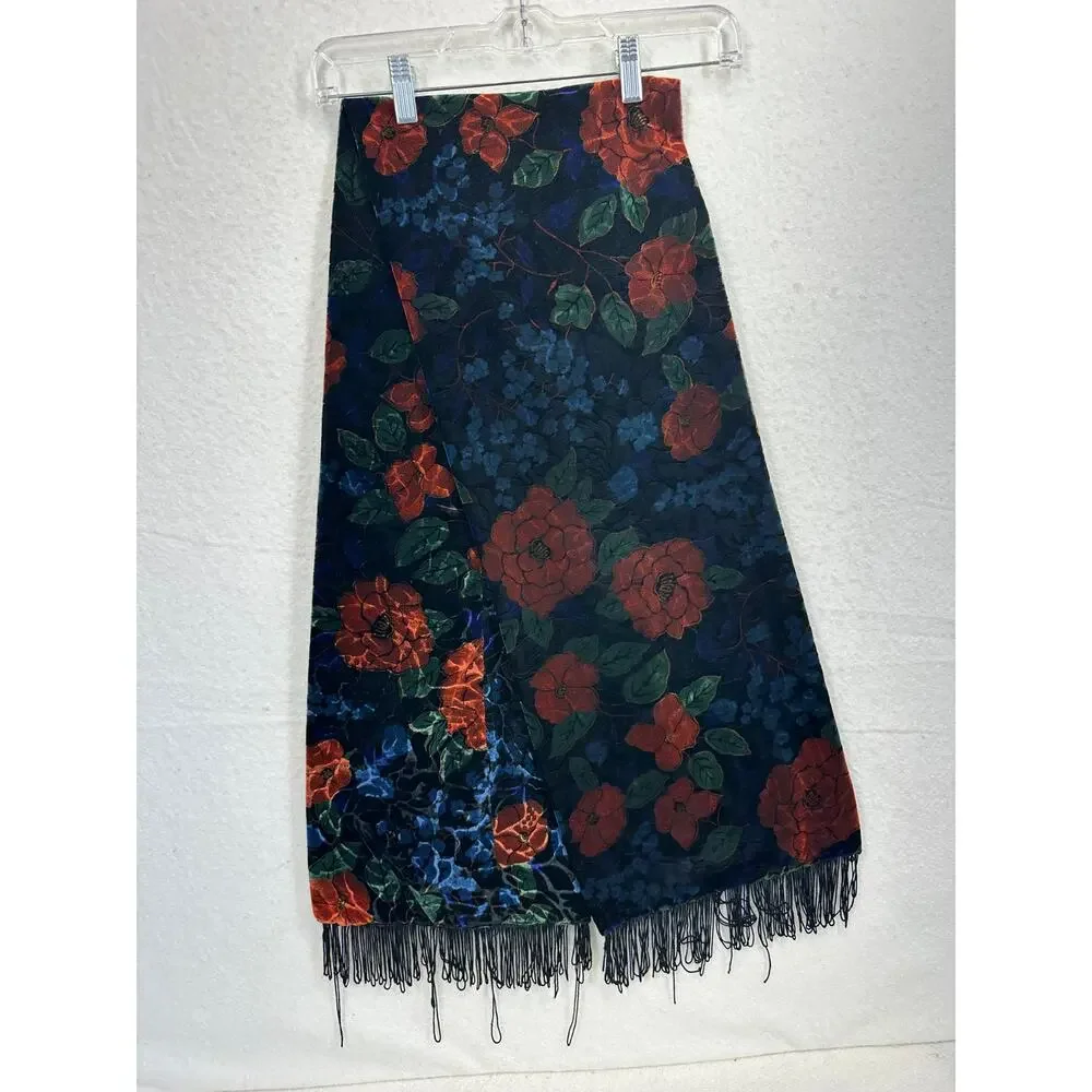 Vintage Art Deco Silk and Rayon Burnout Velvet Scarf with Fringed Ends